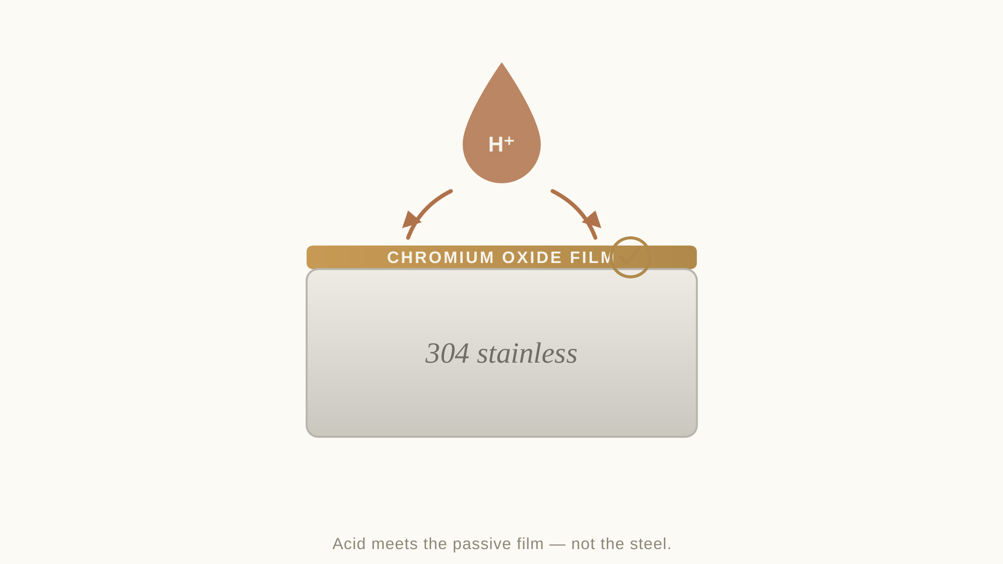 Diagram: an H+ acid droplet meets the chromium oxide film covering 304 stainless steel. Acid meets the passive film — not the steel.
