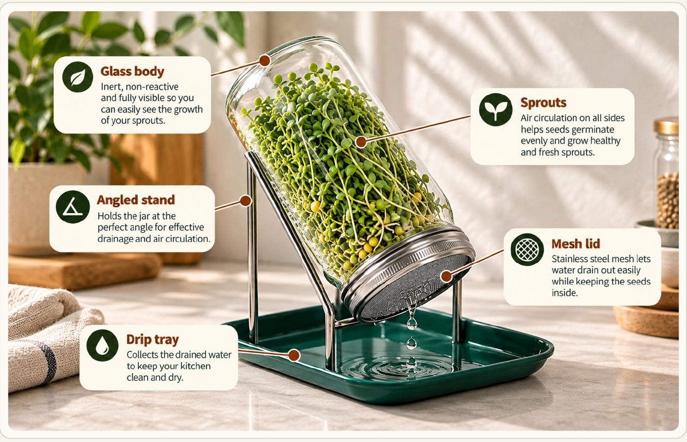 Annotated photograph of the Tattwas Sprout Maker Jar on its angled stand over the drip tray, with five labelled callouts: glass body, sprouts, angled stand, mesh lid and drip tray.